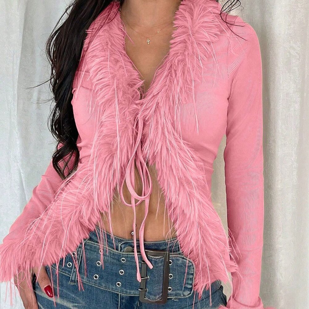 Pink Casual Women's Fringed V-Neck Knit Cardigan